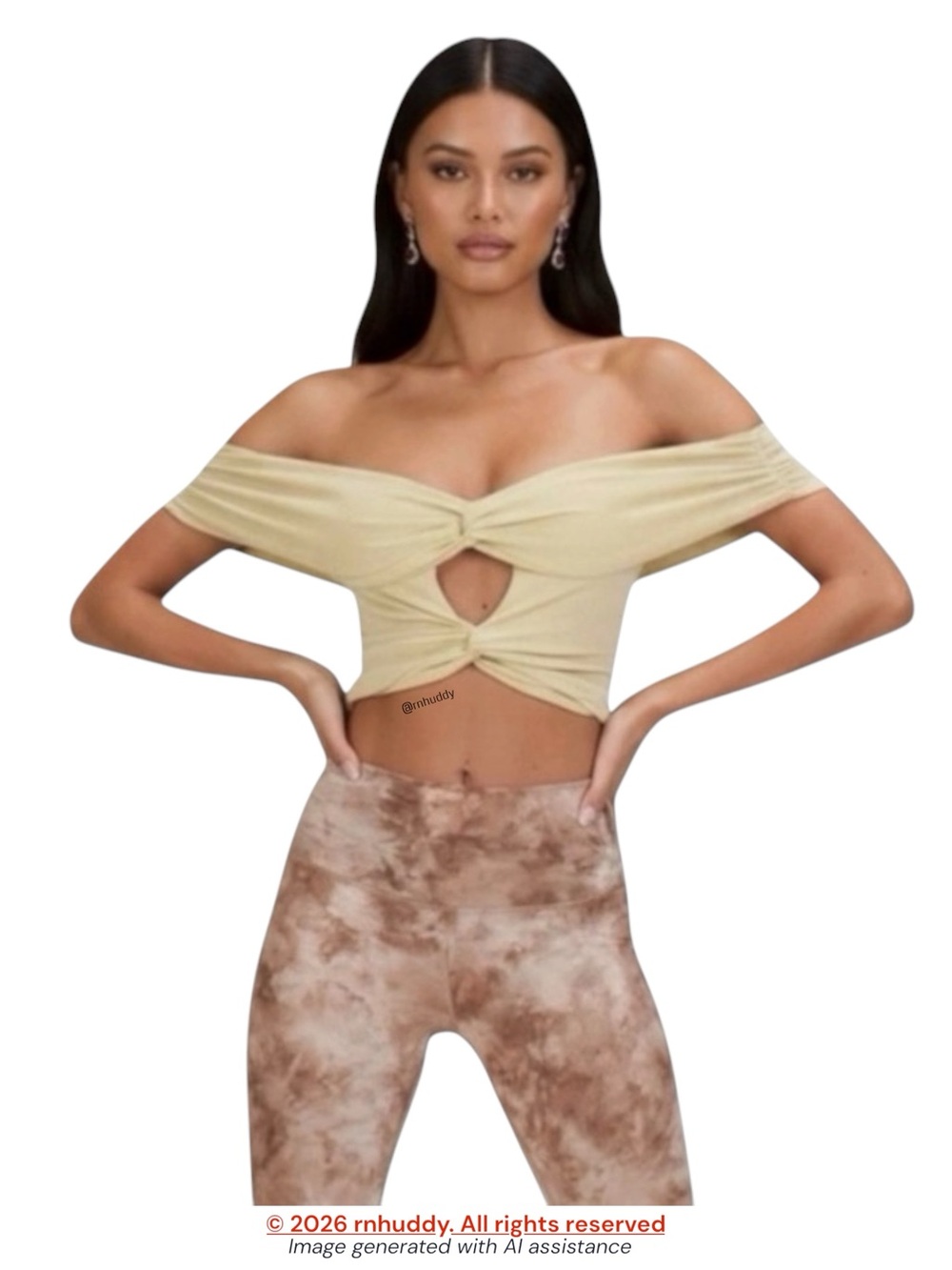 Tiger Mist S gold cream twist off shoulder top